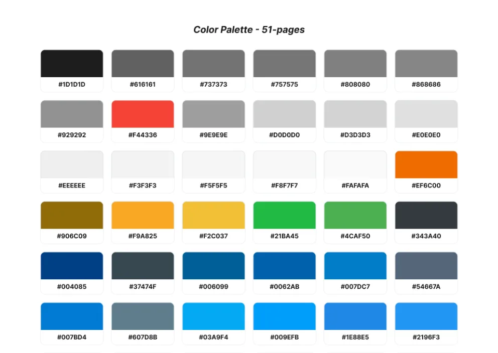 Audit slide showing the 60 colours found in the product, including 16 greys and 13 blues, several of them nearly identical.