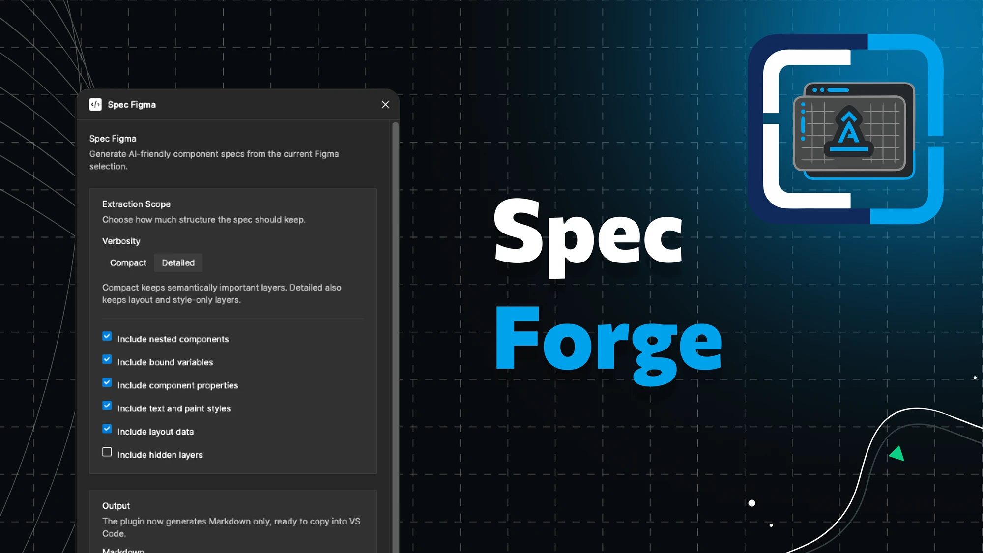 Spec Forge cover art: the plugin panel over a dark grid, beside the product name.