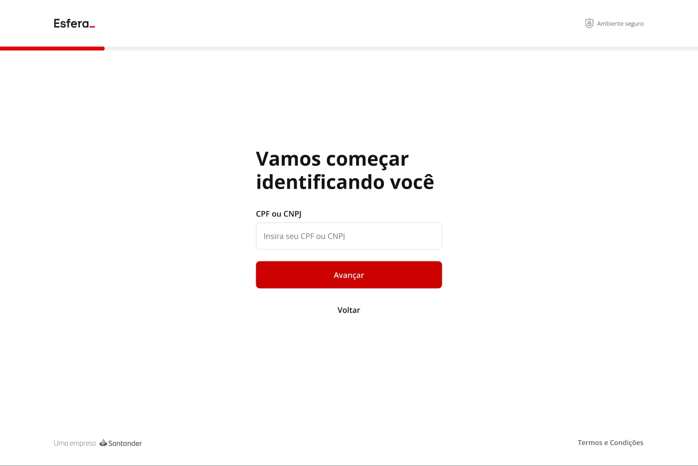 Esfera onboarding, CPF or CNPJ, at desktop width