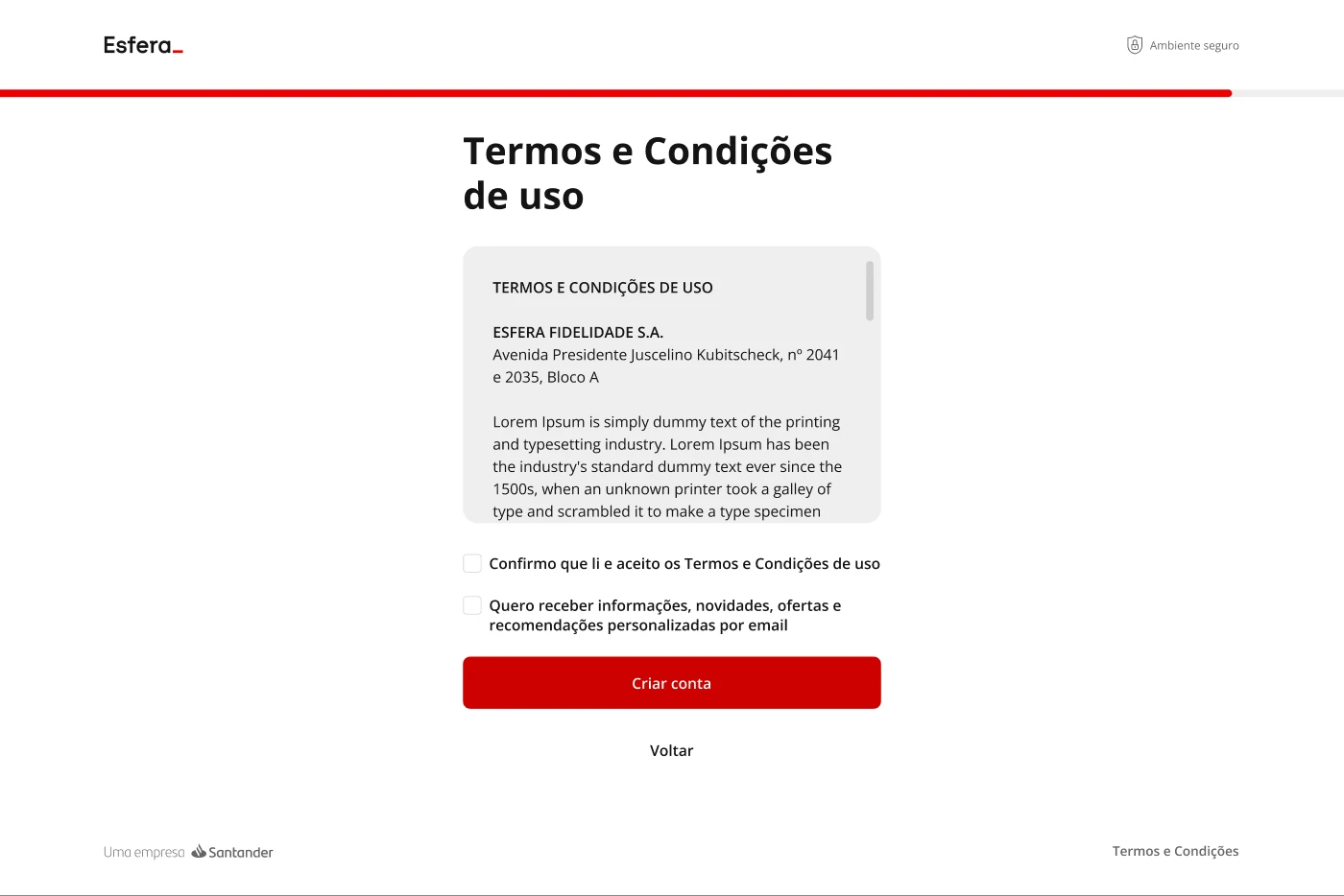 Esfera onboarding, Terms, at desktop width