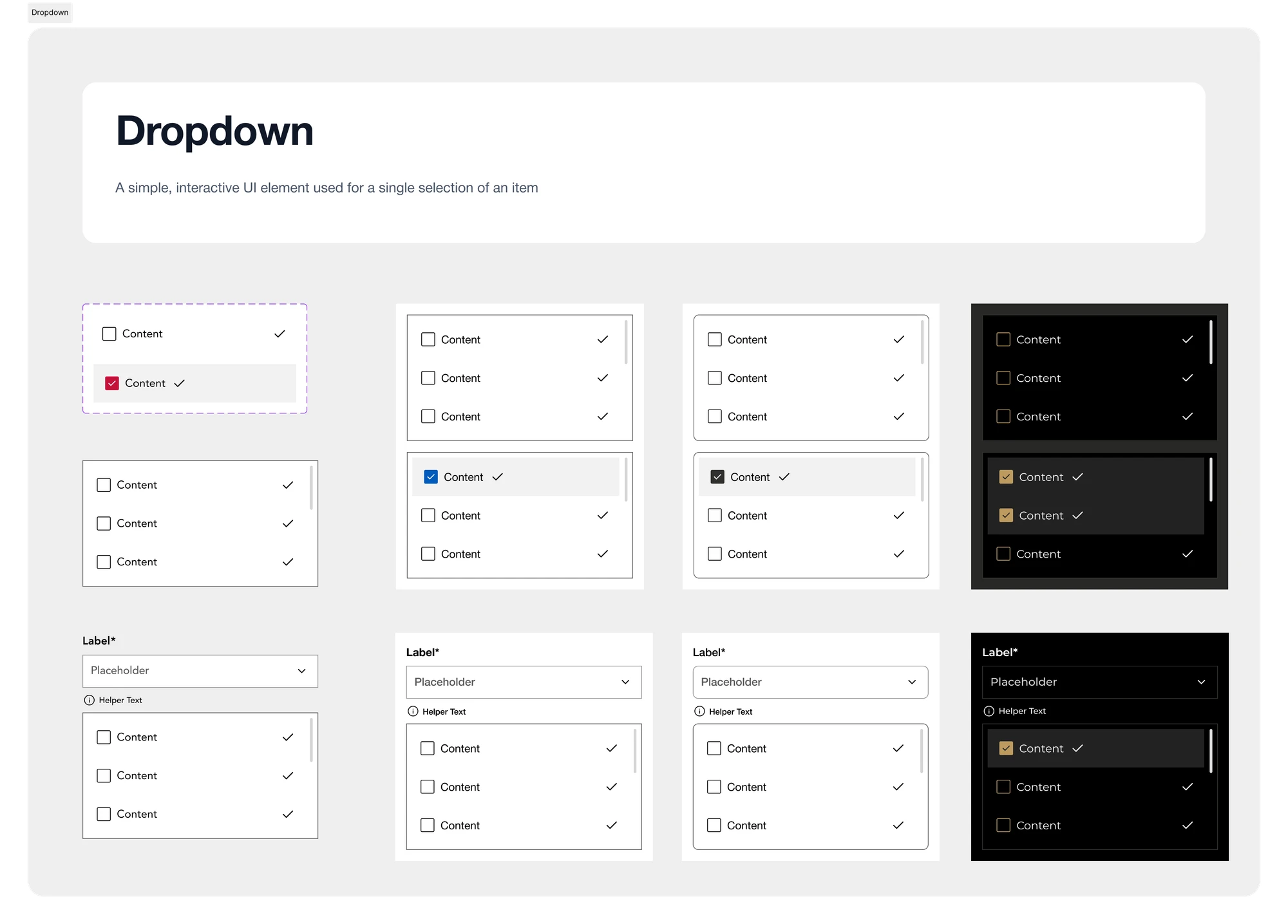 The Polaris dropdown component across four brands, showing list items, a selected item with a brand-coloured checkbox, and the field-with-label composition.