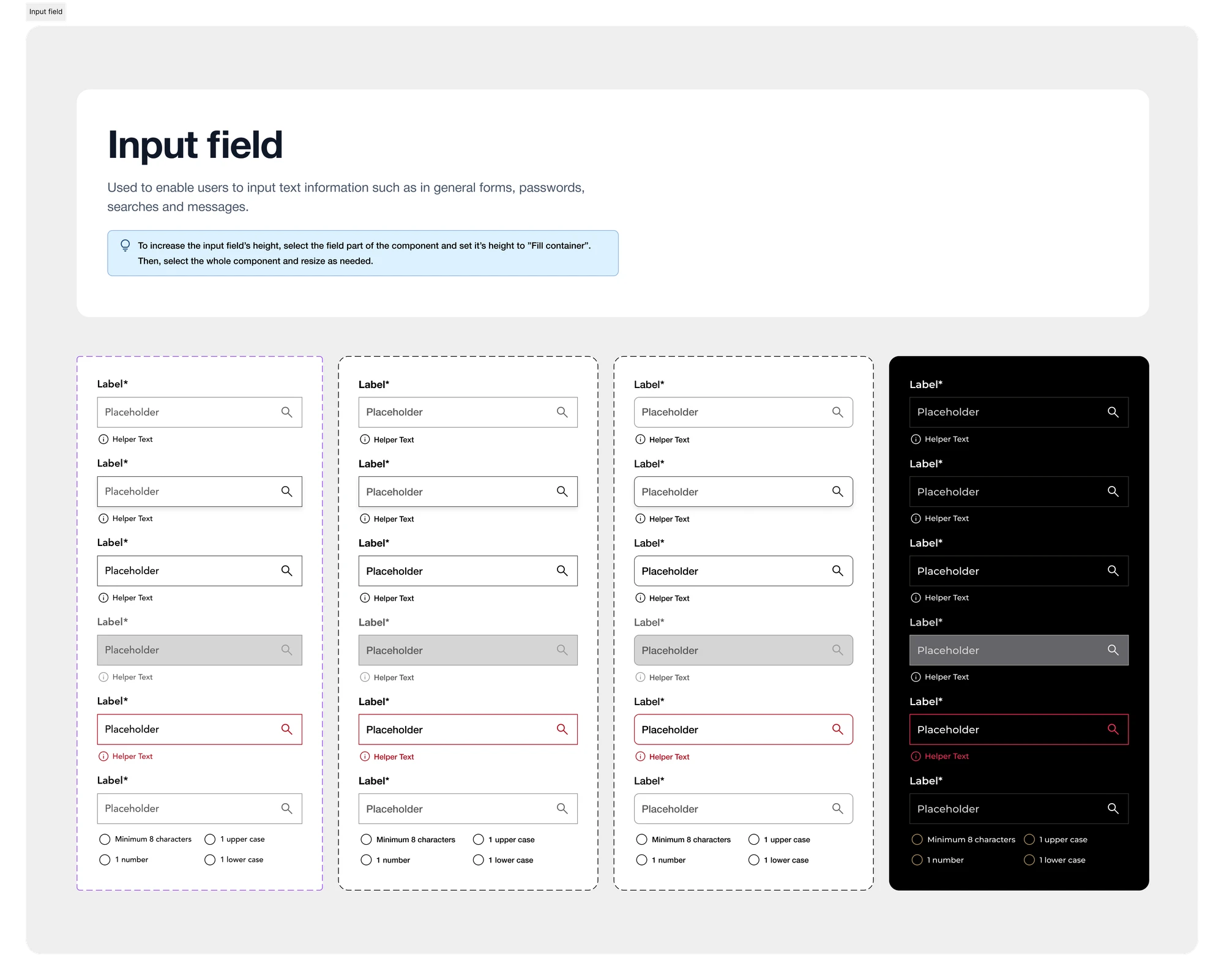 The Polaris input field component in four brand themes, each showing default, focused, filled, disabled, error and password-validation states.