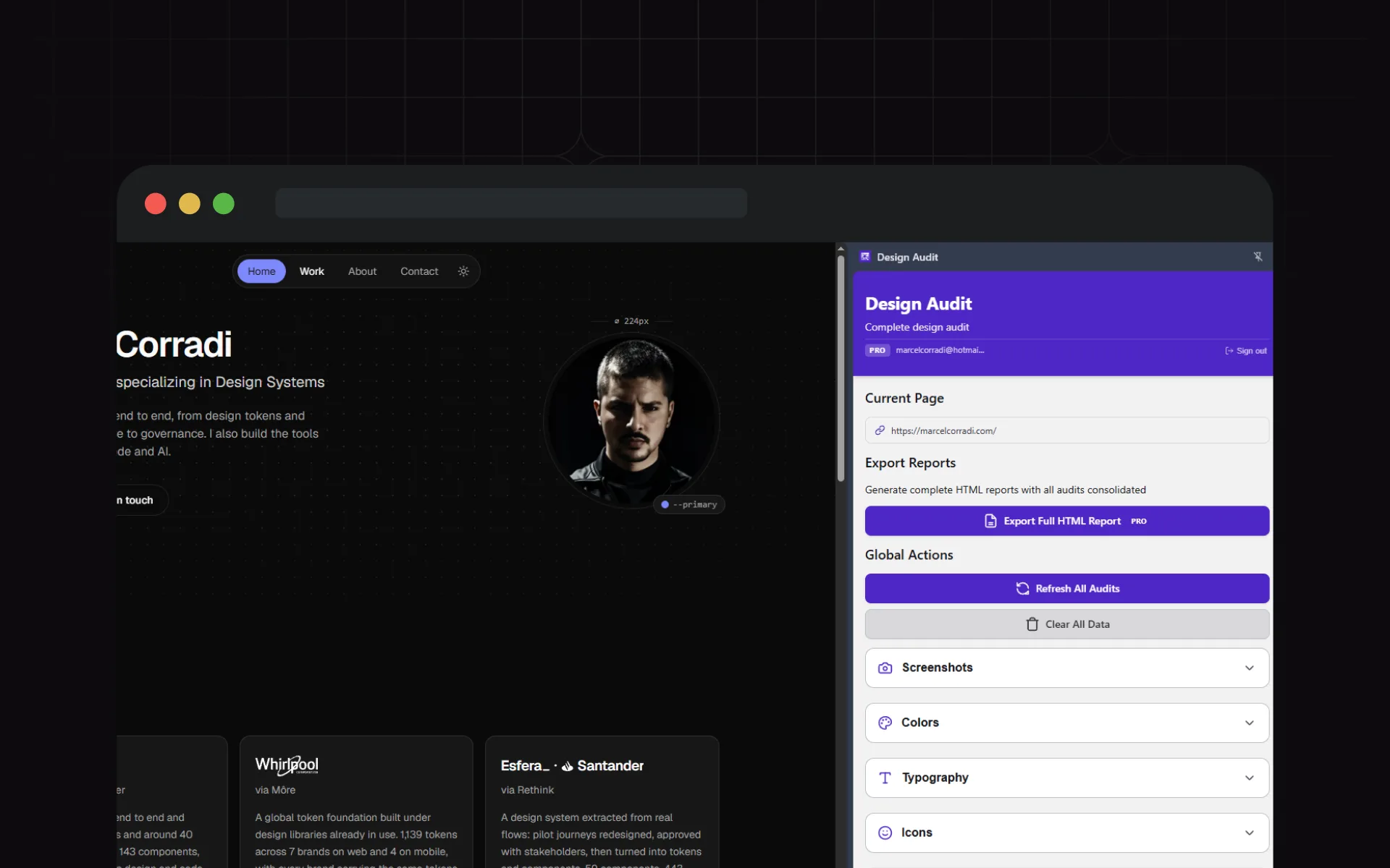 The Design Audit side panel open beside a website, listing the current page above export and global action buttons, with collapsed sections for screenshots, colours, typography and icons.