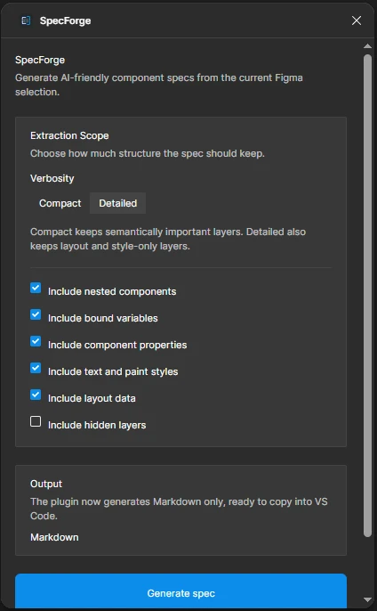 The plugin panel: a Compact and Detailed toggle, then six checkboxes for nested components, bound variables, component properties, text and paint styles, layout data and hidden layers.