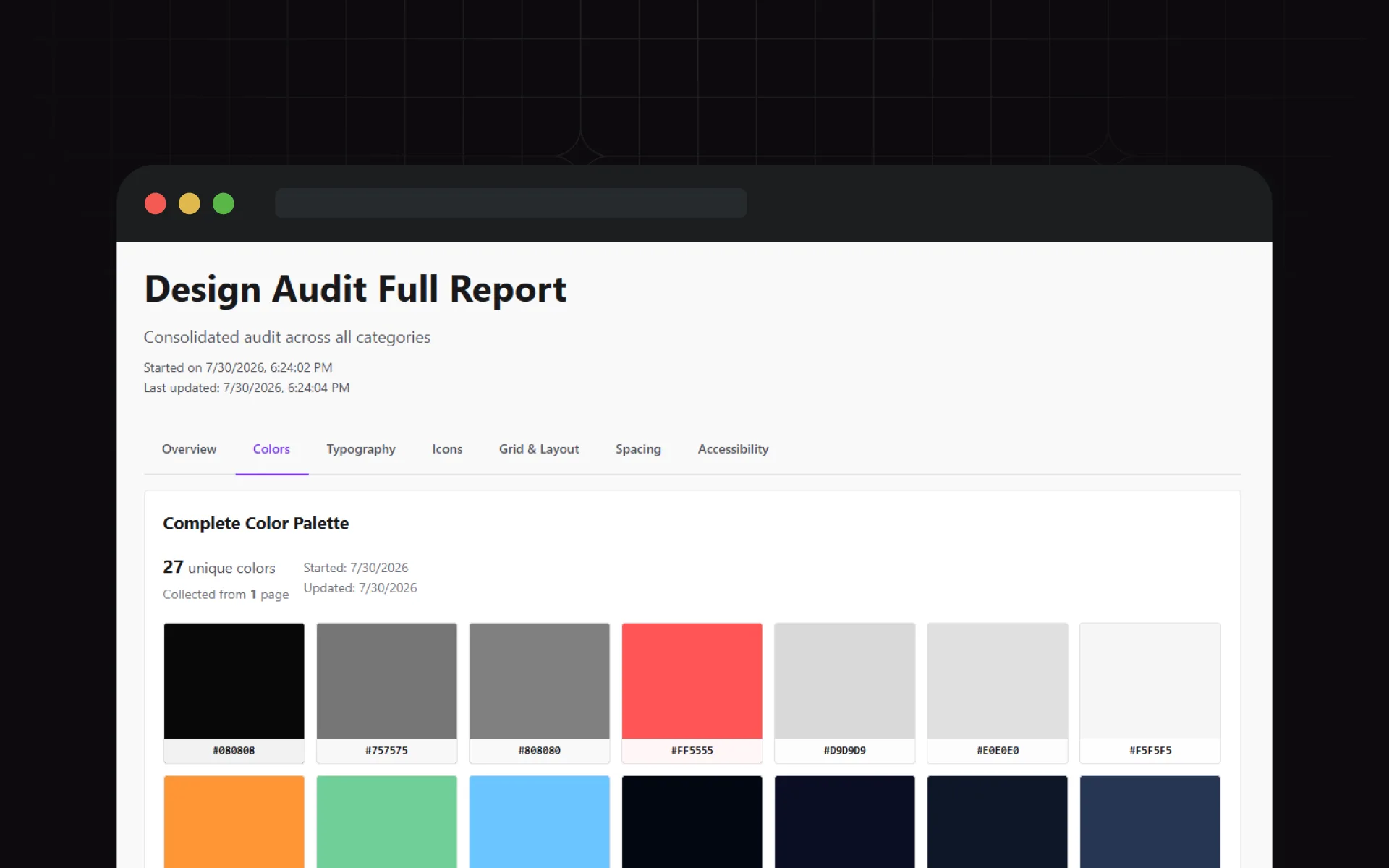 The exported HTML report: a tab bar reading Overview, Colors, Typography, Icons, Grid & Layout, Spacing and Accessibility, with the colour tab open on a full palette of twenty-seven swatches labelled with their hex values.