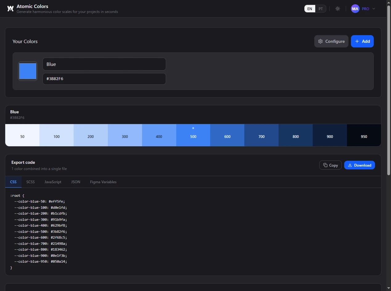 The generator: one blue brand colour, the eleven shades derived from it, and the export panel showing tabs for CSS, SCSS, JavaScript, JSON and Figma Variables.