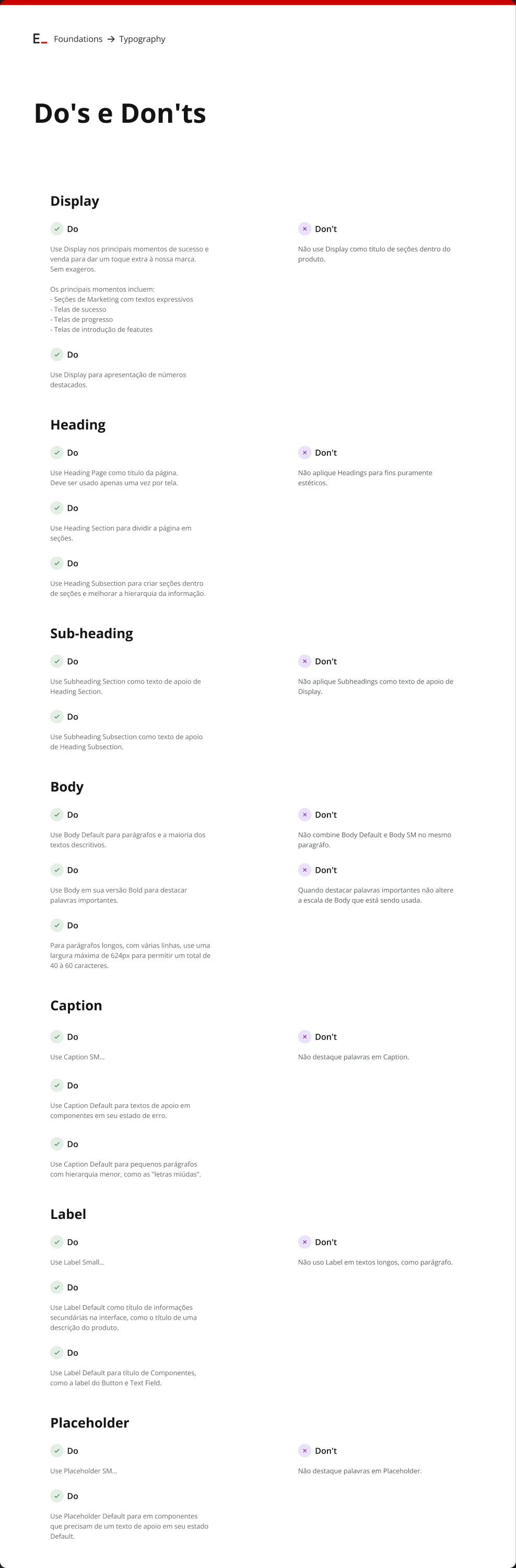 Esfera typography documentation showing correct and incorrect usage examples